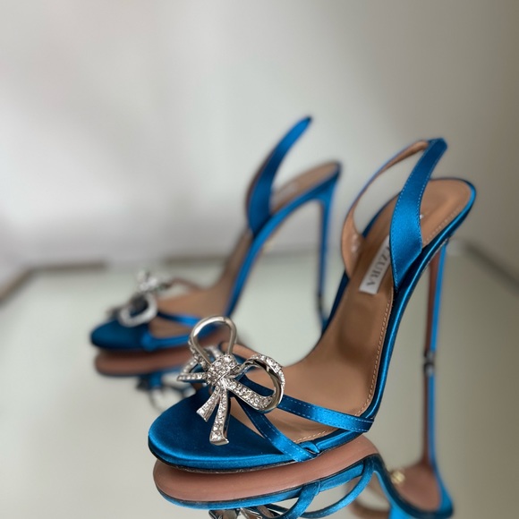 New AQUAZZURA Babe 105 Bow-embellished Sandals In Satin In Blue $1,050 37.5 - Picture 11 of 11